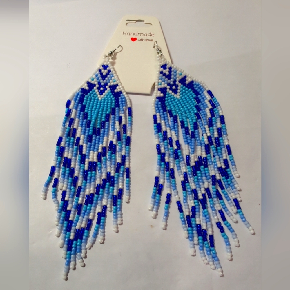 NWT Tribal Earrings Native Boho American Seed Beads Blue/White Handmade Earrings